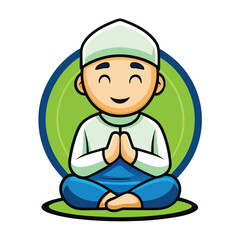 Cute Muslim Boy Cartoon Character in Meditation Pose with Hands Together, Smiling Face