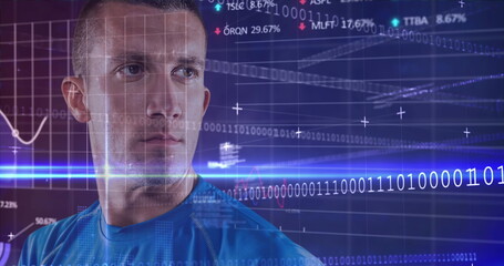 Image of data processing and binary coding over caucasian male rugby player