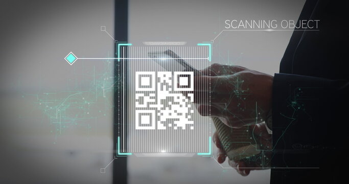 Male wearing dark suit scanning smartphone screen in modern office space, with qr code overlay