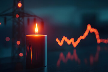 Close-up of glowing finance candlestick next to illuminated energy pylon, electric, light, business
