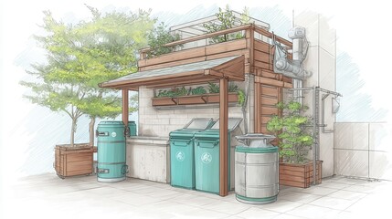 Naklejka premium Urban rooftop garden structure design with recycling bins.