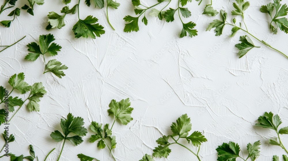 Poster fresh parsley sprigs arranged on a textured white background, creating a border.