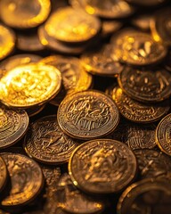 A close-up view of a pile of shimmering golden coins, showcasing intricate designs and textures, creating a rich and luxurious atmosphere, ideal for financial or treasure-themed projects