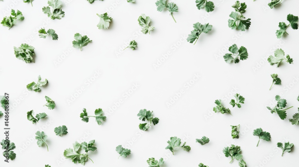 Aufkleber flat lay of scattered green leaves on white background, creating a frame.