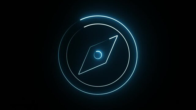 A bright blue neon compass glows against a dark background, symbolizing direction and guidance.