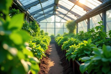 Sunlight streams into vibrant green plants within a glass greenhouse , agricultural, irrigation, flowers