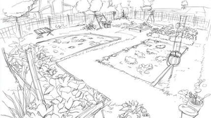 Fototapeta premium Hand-drawn sketch of a meticulously planned garden.