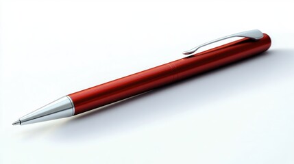Close-up of a sleek red metal pen with silver tip and clip lying on a white surface, highlighting modern design and smooth texture