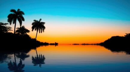 Tranquil sunset reflection with silhouetted palm trees over calm water at twilight.