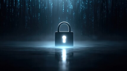 A glowing padlock stands in a dark, digital environment, symbolizing cybersecurity and data protection.
