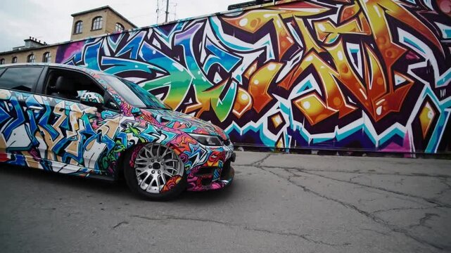 Voiture sport recouverte de graffitis gar&eacute;e devant un mur tagu&eacute; multicolore

