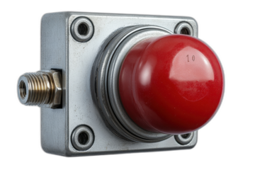Red knob on metal switch isolated on transparent background.