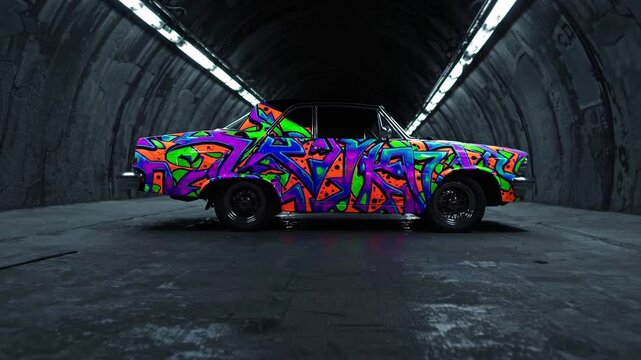 Voiture r&eacute;tro recouverte de graffitis n&eacute;on dans un tunnel sombre

