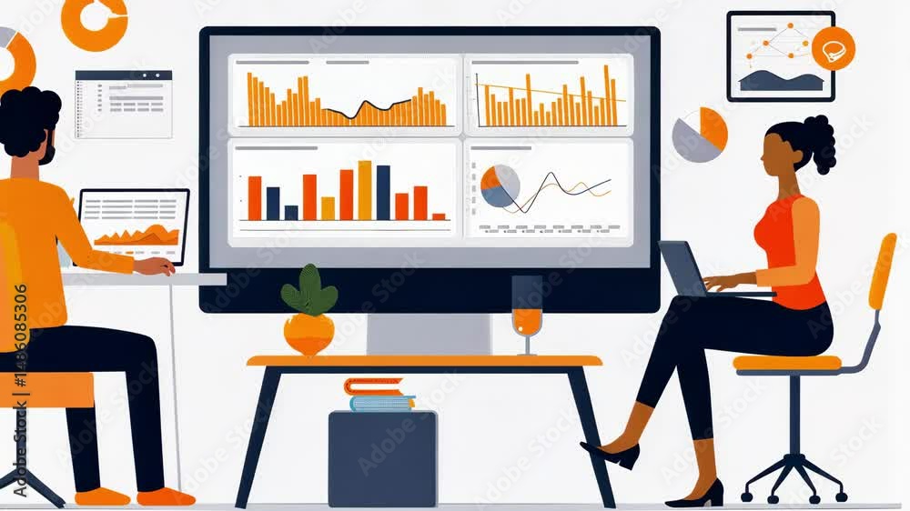 Poster data analysis session showcasing teamwork in a modern office environment with visual insights and en