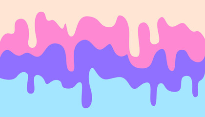 Three layers of pastel colored candy or ice cream drip. Sweet dessert border with melted flowing icing. Cream, pink and blue liquid glaze and delicious frosting
