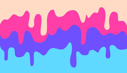 Three layers of colored candy or ice cream drip. Sweet dessert border with melted flowing icing. Cream, pink and blue liquid glaze and delicious frosting