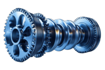 Close-up of a metallic gear wheel with visible teeth and intricate design, isolated on transparent background.