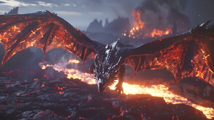 Naklejka premium Black Dragon Soaring Over a Magma Sea 