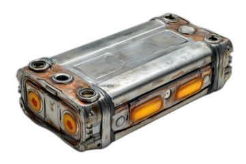 Metal object with yellow light, reflecting on surface. Isolated on transparent background.