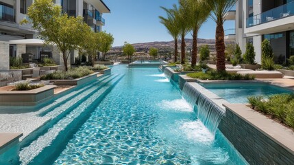 Fototapeta premium Luxurious community pool with cascading water features. Lush landscaping surrounds the expansive pool areas