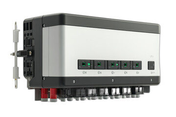 PNG image of a white and black power unit with green switches isolated on transparent background.
