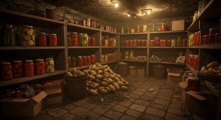 Pantry with Pickled Food and Potatoes