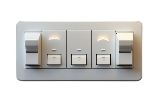 White light switch with lights illuminated: red, green, and blue. Isolated on transparent background.