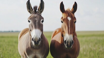 Two equines, donkey and horse, face forward in a grassy field