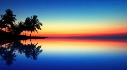 Tropical island shore with palm trees reflecting in tranquil water at sunset. Colorful sky.