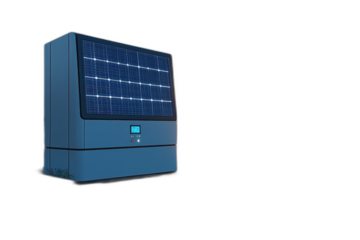 Solar powered device in sleek black design with solar panel on top and LED indicator lights, isolated on transparent background.