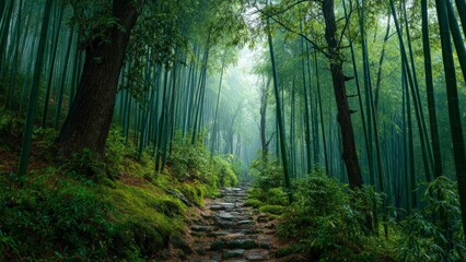 Obraz premium Green Jungle Pathway in Early Mist