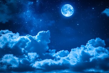 Obraz premium Full moon shining brightly above illuminated clouds in a starry night sky scene. Bright full moon glowing in a star-filled night sky above illuminated clouds, deep blue background, concept of sleep