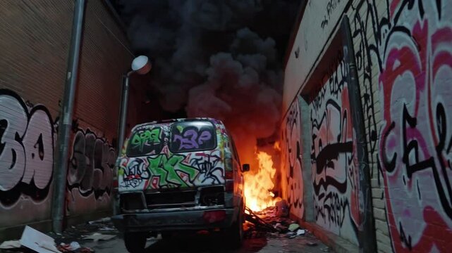 Fourgon tagu&eacute; en feu dans une ruelle urbaine jonch&eacute;e de graffitis et de d&eacute;bris

