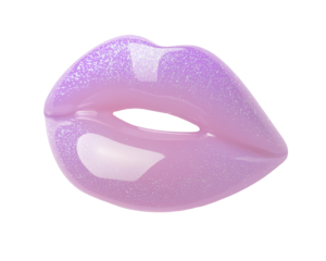 Glossy, light purple lips with a sparkling, shiny finish and a bold, stylized appearance.
