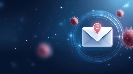 A digital envelope with a location pin surrounded by virus particles on a blue tech background, symbolizing email security threats.