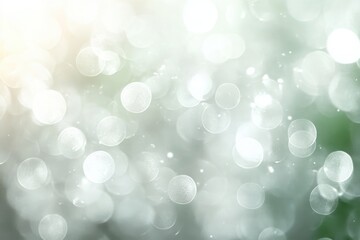 Soft glowing bokeh lights with circular shapes creating a dreamy and ethereal atmosphere in pale white and green hues