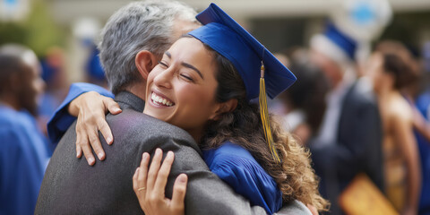College or university student hugging their parent after the graduation ceremony.