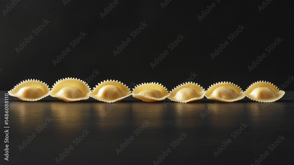 Aufkleber seven delicate, uncooked ravioli arranged in a row on a dark surface, reflecting light.