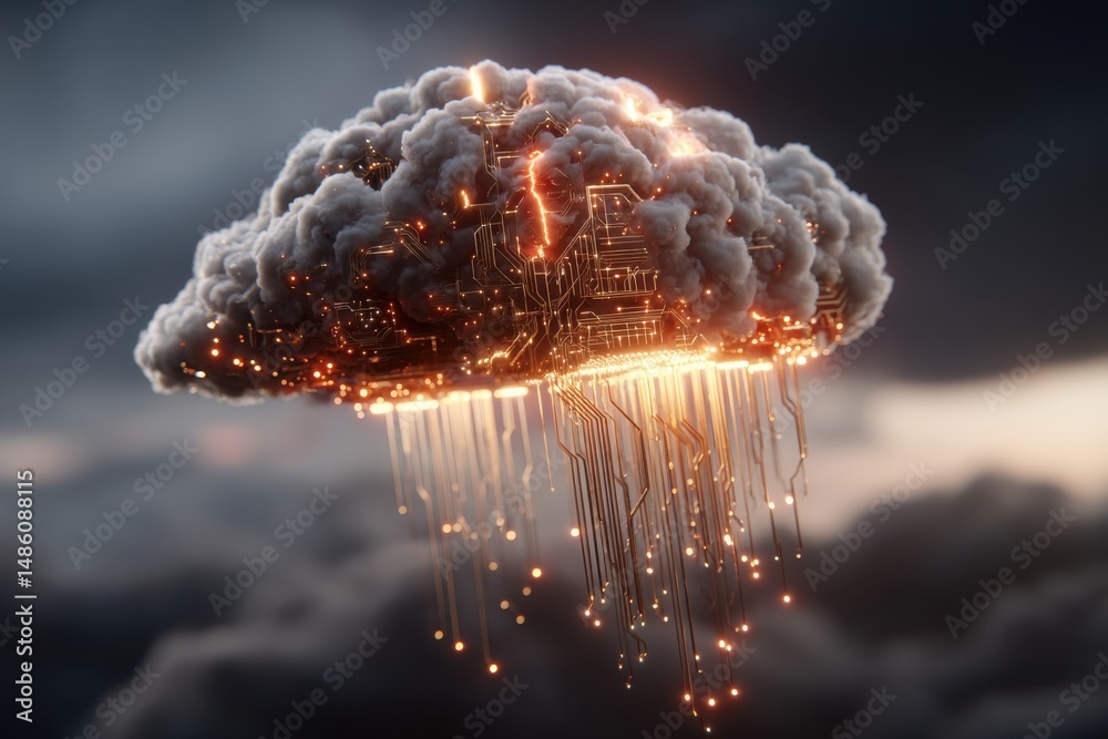Poster an abstract representation of cloud computing with digital circuits and connections, glowing softly 