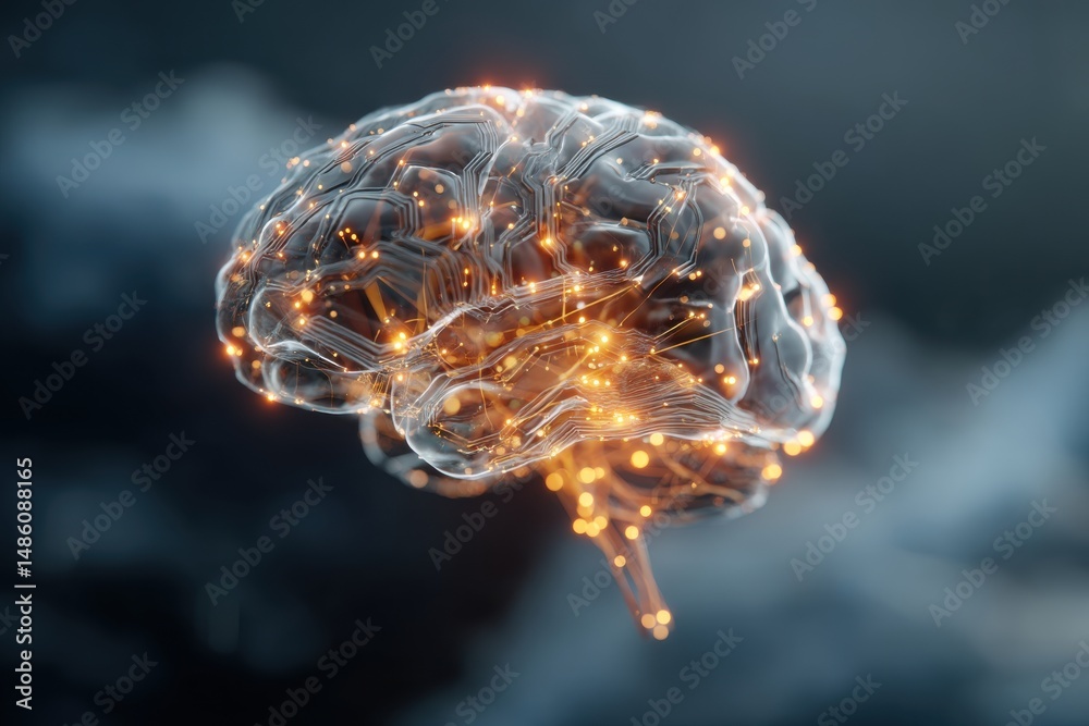 Poster a high-resolution image showcasing the intricate details of an artificial intelligence brain, with g