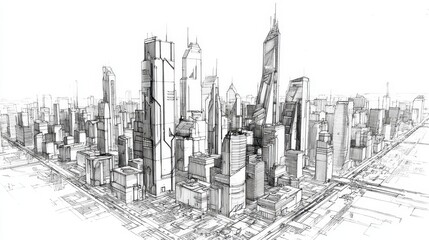 Perspective drawing of a futuristic city skyline.