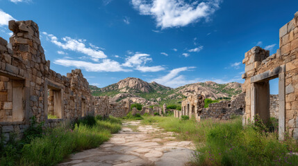 Fototapeta premium Ancient ruins stand against a vibrant blue sky with scattered clouds, showcasing the historical architecture and landscape of a forgotten civilization in India.