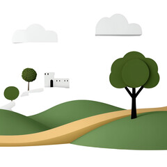 Fototapeta premium Whimsical Green Hill Landscape with Winding Path and White Building