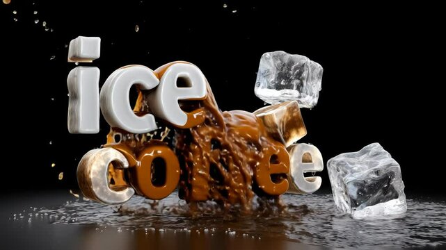 The image is a creative advertisement for ice coffee. The advertisement features a large, bold font that reads "Ice Coffee" in white letters. The font is surrounded by a splash of ice cubes