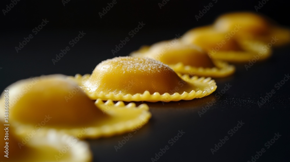 Poster Close-up of five golden ravioli arranged in a row on a dark background, sprinkled with flour.