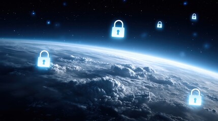 Digital padlocks hover over Earth from space, symbolizing cybersecurity and data protection on a global scale.
