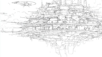 Fototapeta premium Floating cityscape design in linear style.