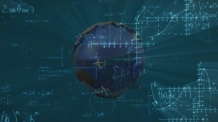 Earth globe being visualized in dark teal digital simulation, showing math formulas and graph axes - Powered by Adobe