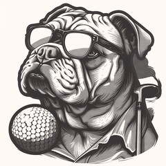 A stylized bulldog in glasses holds a golf club and ball on a white background, exuding a playful and sporty vibe.