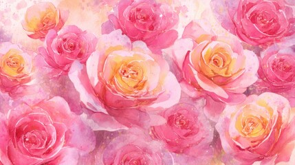 Fototapeta premium Delicate pink and yellow roses, a watercolor-style floral background